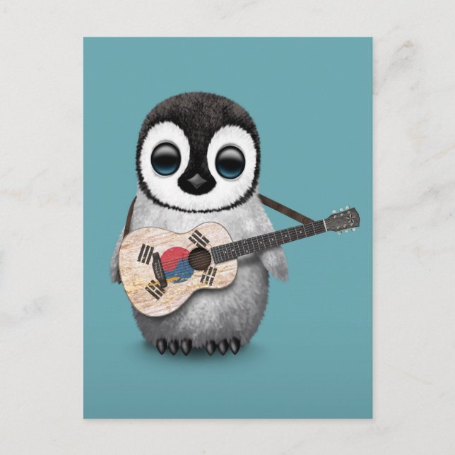 Carte Postale Penguin Jouer Drapeau Sud-Coréen Guitare Bleu (Devant)