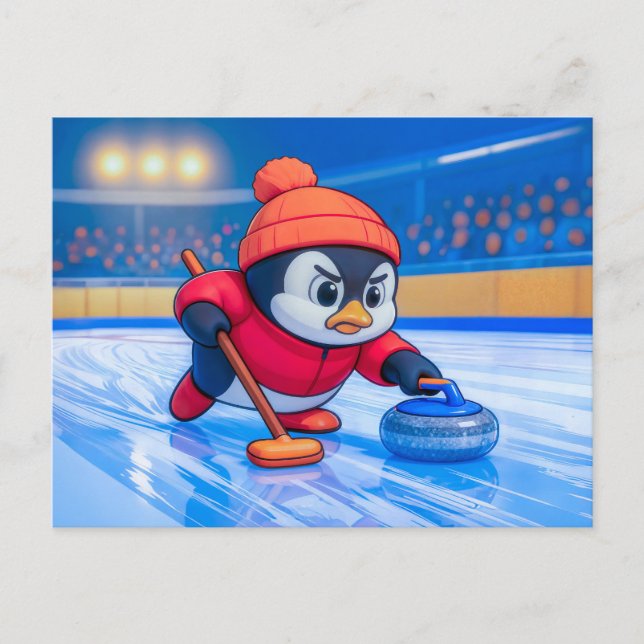 Carte Postale Penguin Playing Curling on an Icy Winter Rink (Devant)