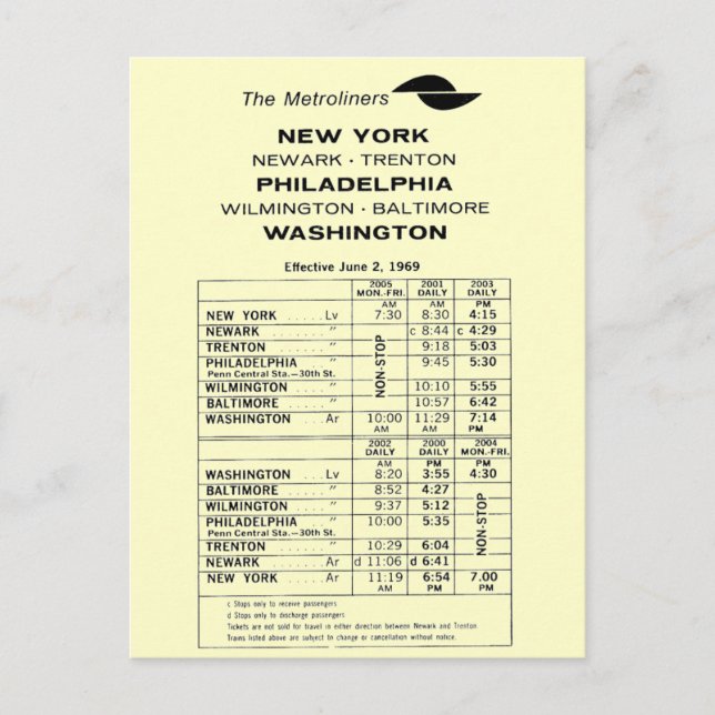 Carte Postale Penn Central Railroad Metroliner Horaire (Devant)
