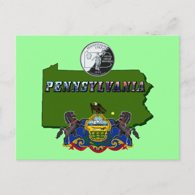 Carte Postale Pennsylvanie Carte, trimestre, drapeau et texte de (Devant)