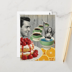 Carte Postale Pensées Douces Collage Surréaliste Café Nage Dame