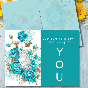 Carte Postale Penser à votre chat avec des Roses turquoise