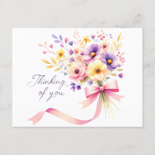 Carte Postale "Penser à vous" Bouquet floral ruban rose