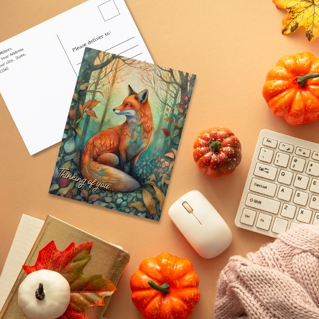 Carte Postale Penser à vous Mystique renard forestier en automne (Thinking of you Mystical forest fox in fall Postcard)