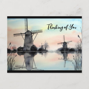 Carte Postale Pensez à vos moulins à vent à Dawn Watercolor