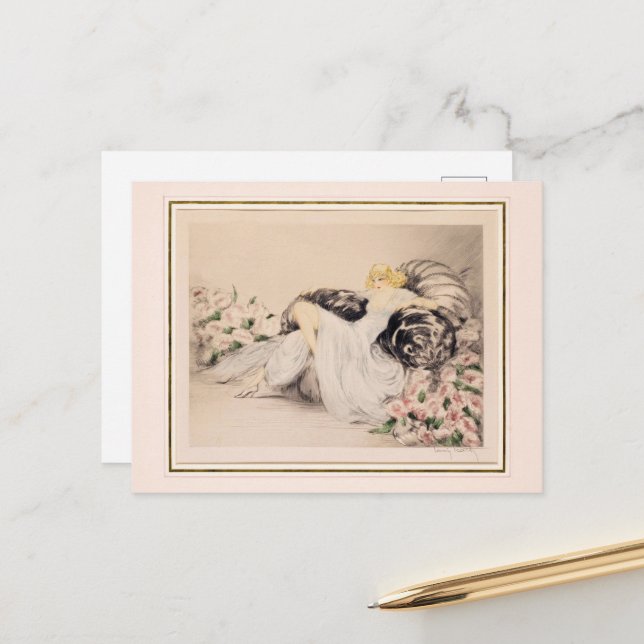 Carte Postale Peonies, 1935 par Louis Icart (Devant/Arrière en situation)