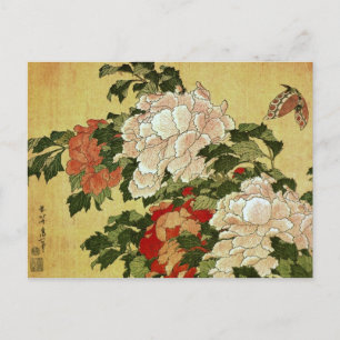 Carte Postale Peonies et papillons Hokusai Art japonais
