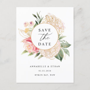 Carte Postale Peony and Gold Flowers Enregistrer la date