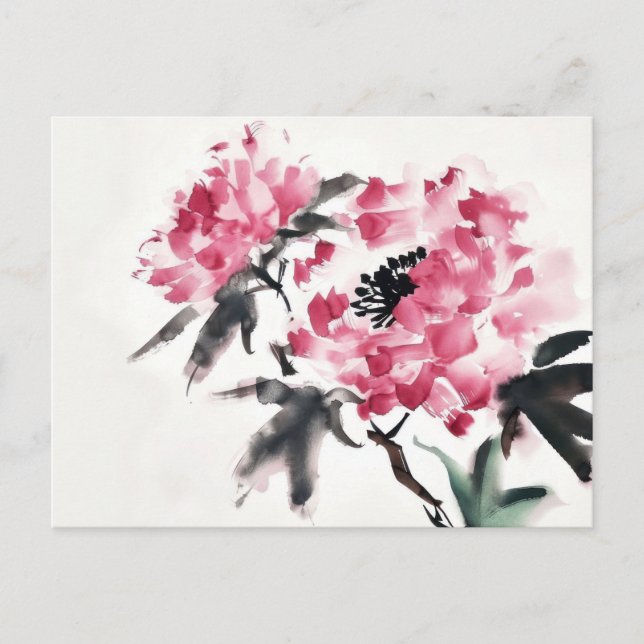 Carte Postale Peony Japonais peinture d'art minime (Devant)
