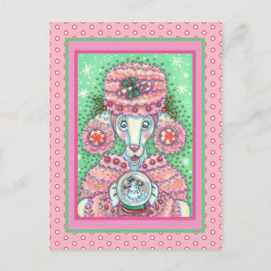 CARTE POSTALE PEPPERMINT PINK POODON ET SNOWGLOBE SNOWMAN