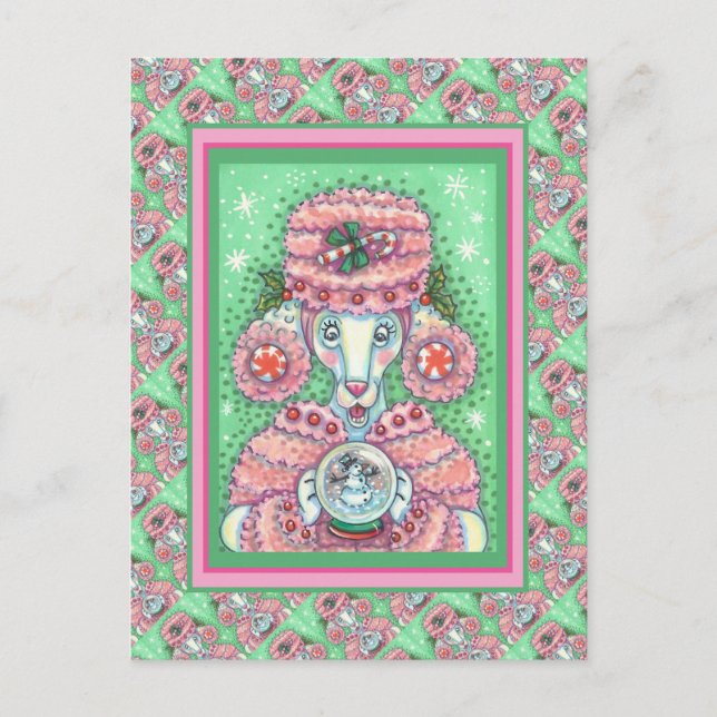 CARTE POSTALE PEPPERMINT PINK POODON ET SNOWGLOBE SNOWMAN (Devant)