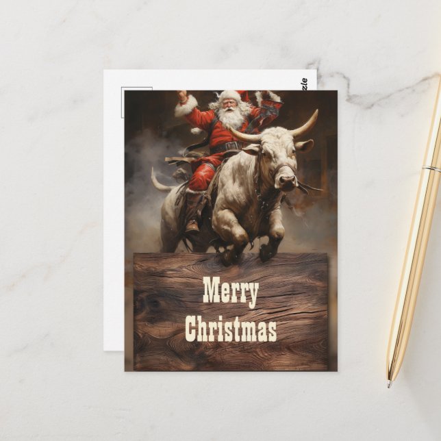 Carte Postale Père Noël à cheval sur un Bull (Devant/Arrière en situation)
