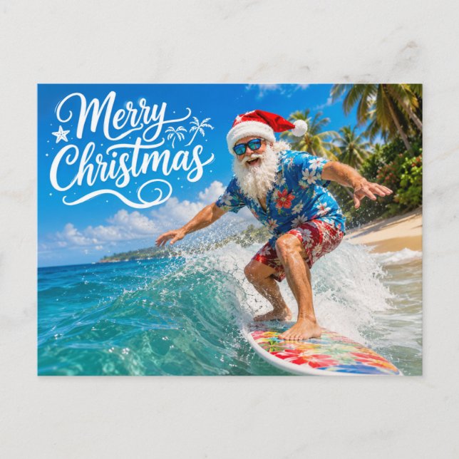 Carte Postale PÈRE NOËL à la plage d'Hawaï pour Noël (Devant)