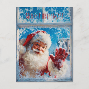 Carte Postale Père Noël agitant joyeusement depuis une fenêtre e