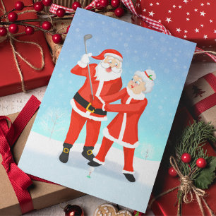 Carte Postale Père Noël aidant Mme Claus à améliorer son swing d