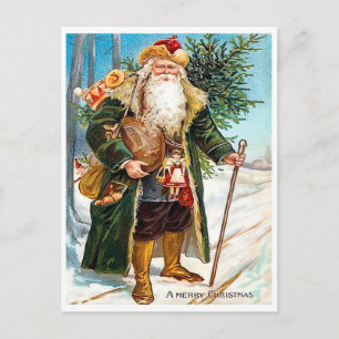 Carte Postale Père Noël arrivant avec des jouets et un sapin de