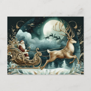 Carte Postale Père Noël arrivant sur un traîneau de cerf doré