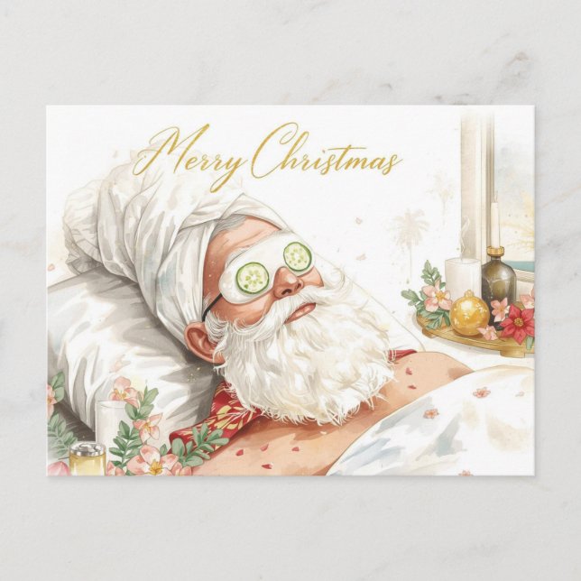 Carte Postale Père Noël au spa avec concombre Joyeux Noël  (Devant)