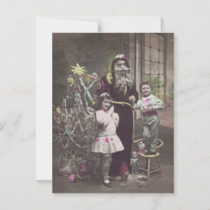 Carte Postale Père Noël avec enfants, Arbre de Noël, vintage