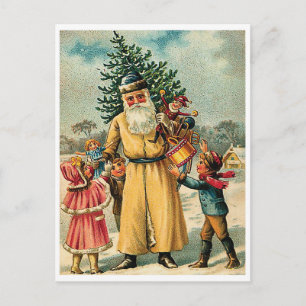 Carte Postale Père Noël avec enfants et sapin de Noël, vintage