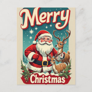 Carte Postale Père Noël avec rennes et Joyeux Noël