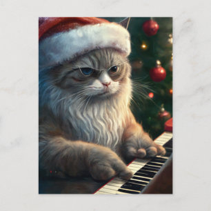 Carte Postale Père Noël Cat Joue Piano