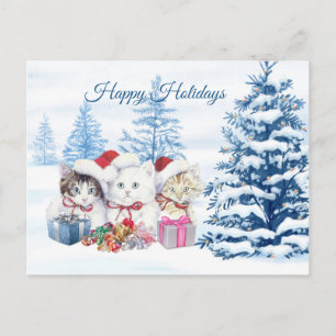 Carte Postale père Noël chatons, pins Noël