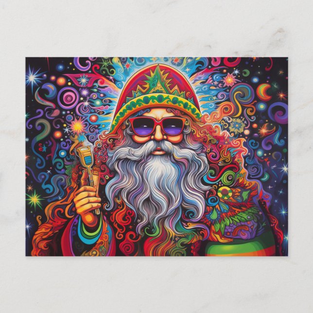 Carte Postale Père Noël coloré Hippy Art  (Devant)