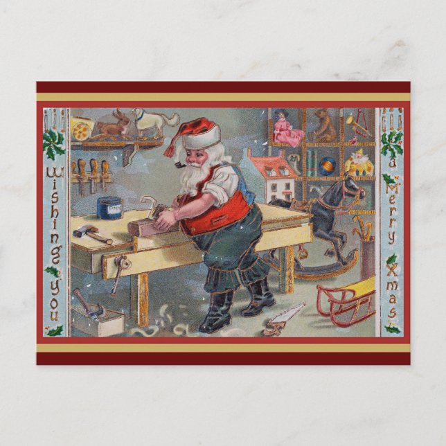 Carte Postale Père Noël dans son atelier, Joyeux Noël, (Devant)