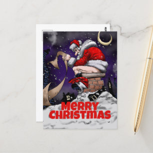 Carte Postale Père Noël de dessin animé assis sur la cheminée