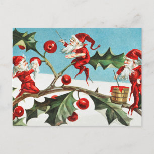 Carte Postale Père Noël de Noël vintage Elfe et baie de houx