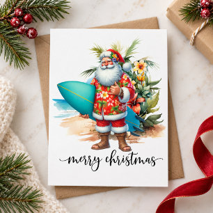 Carte Postale Père Noël d'Hawaii tenant une planche de surf Noël