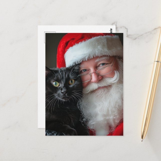 Carte Postale Père Noël et un mignon chat noir (Devant/Arrière en situation)