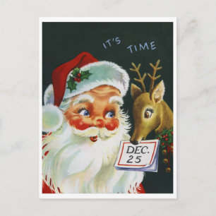 Carte Postale Père Noël et un renne avec calendrier, vintage