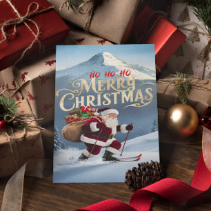 Carte Postale Père Noël festif dévalant les pentes enneigées