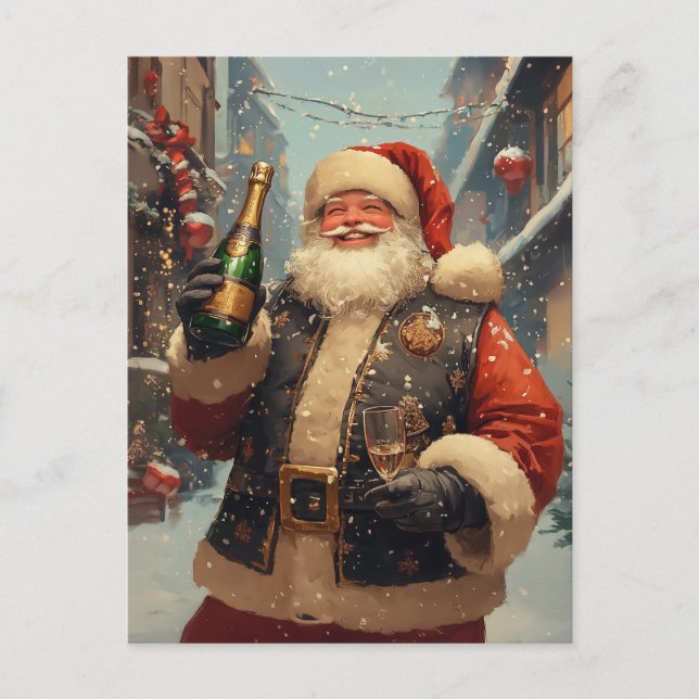 Carte Postale Père Noël fête avec Champagne (Devant)