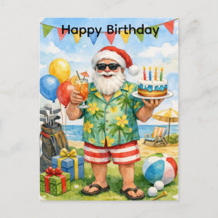 Carte Postale Père Noël golfeur chapeau tenant gâteau d'annivers