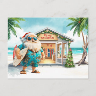 Carte Postale Père Noël Hawaïen tenant une planche de surf Noël