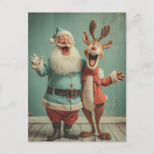 Carte Postale Père Noël joyeux et Rudolph allègre