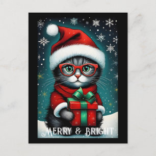 Carte Postale Père Noël Lunettes Cute Kitty Cadeau Neige Noël