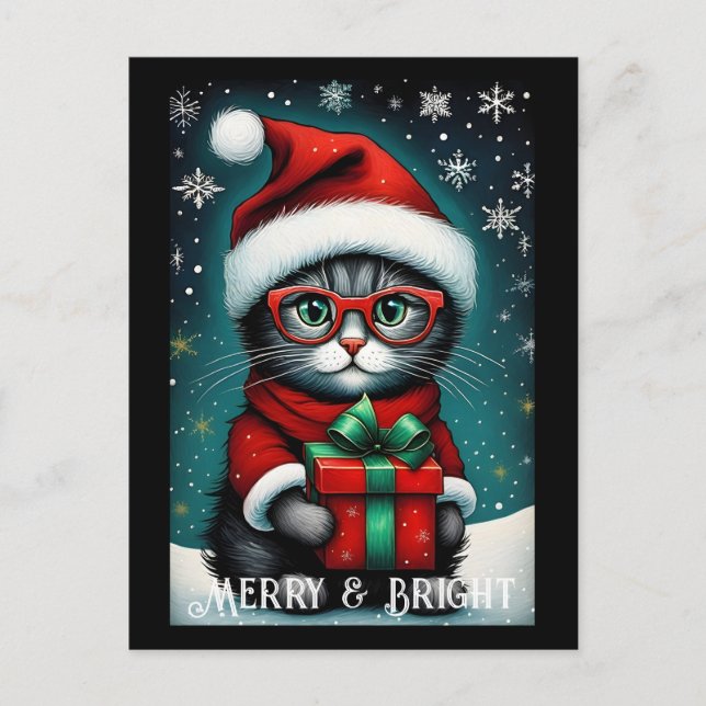 Carte Postale Père Noël Lunettes Cute Kitty Cadeau Neige Noël (Devant)