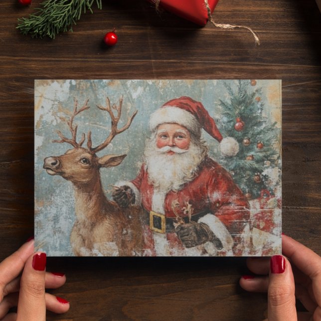 Carte Postale Père Noël Reindeer Vintage Decoupage Noël (Créateur téléchargé)