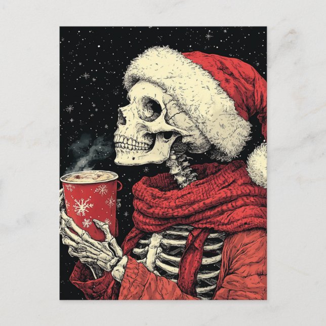 Carte Postale Père Noël Skeleton au chocolat chaud (Devant)
