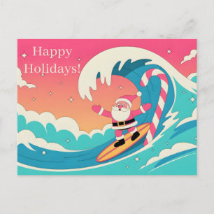 Carte Postale Père Noël surfant sur une vague en canne à sucre