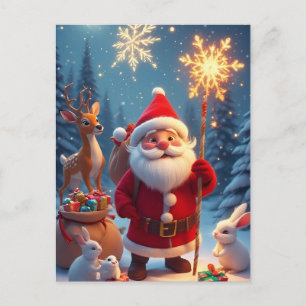 Carte Postale Père Noël tenant un flocon de neige scène de Noël