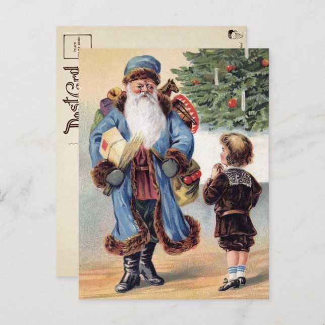 Carte Postale Père Noël victorien en robe bleue (Devant / Derrière)