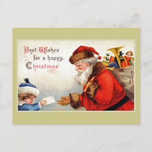 Carte Postale Père Noël vintage avec enfants et voeux de Noël