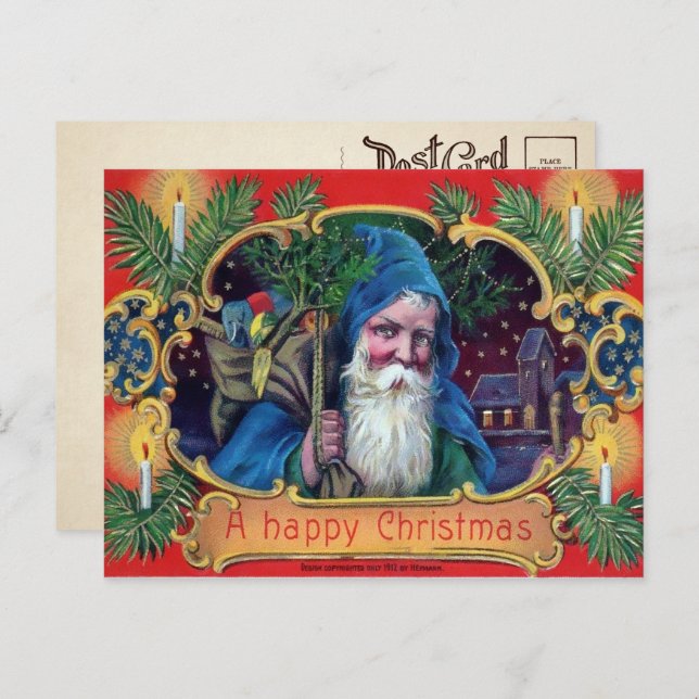 Carte postale Père Noël vintage Blue Robed (Devant / Derrière)