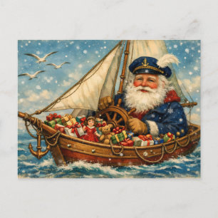 Carte Postale Père Noël vintage dans le bateau avec des cadeaux