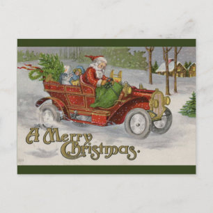 Carte Postale Père Noël vintage Et Voiture Rouge Salutations De 